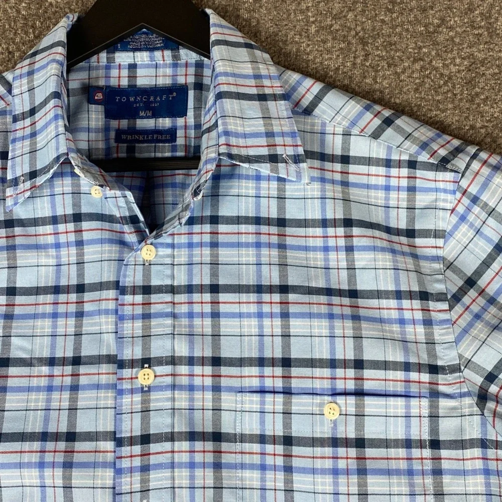 Towncraft‎ Mens Shirt Size M Blue Plaid Wrinkle Free Short Sleeve Button Up